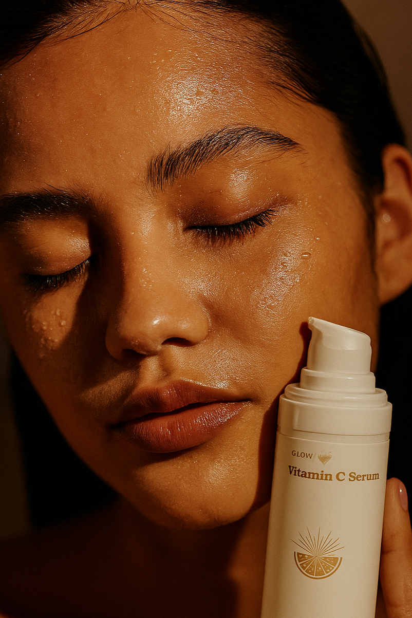 Person holding a bottle of vitamin C serum with text 'Vitamin C Serum' and 'Less Spots. More Glow'.