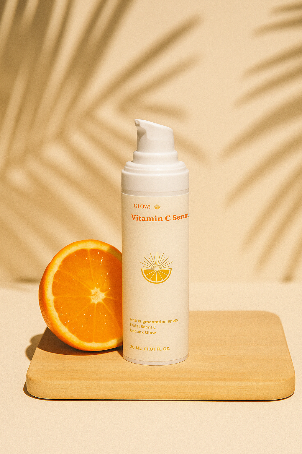 Vitamin C serum bottle with an orange on a wooden board against a beige background